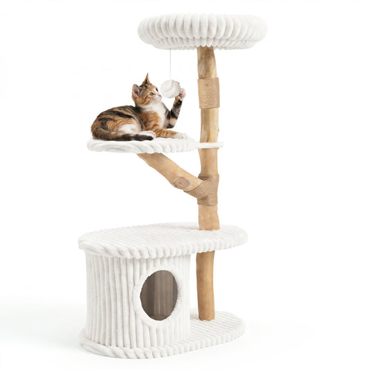 Modern Cat Tower, Real Wood Branches, Scratching Posts, 41in, Beige Cat Trees Condos & Scratchers Beige at Gallery Canada