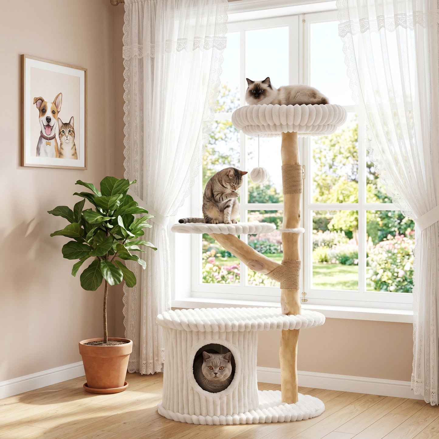 Tour à chat moderne, branches en bois véritable, poteaux à gratter, 41 po, beige