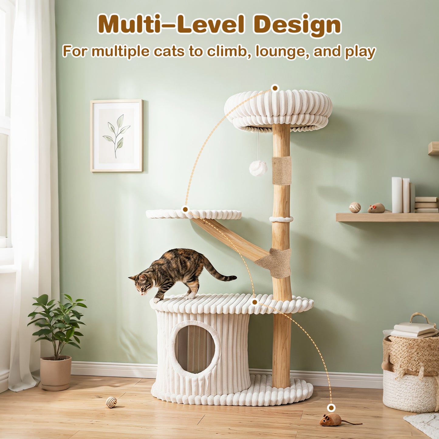 Tour à chat moderne, branches en bois véritable, poteaux à gratter, 41 po, beige