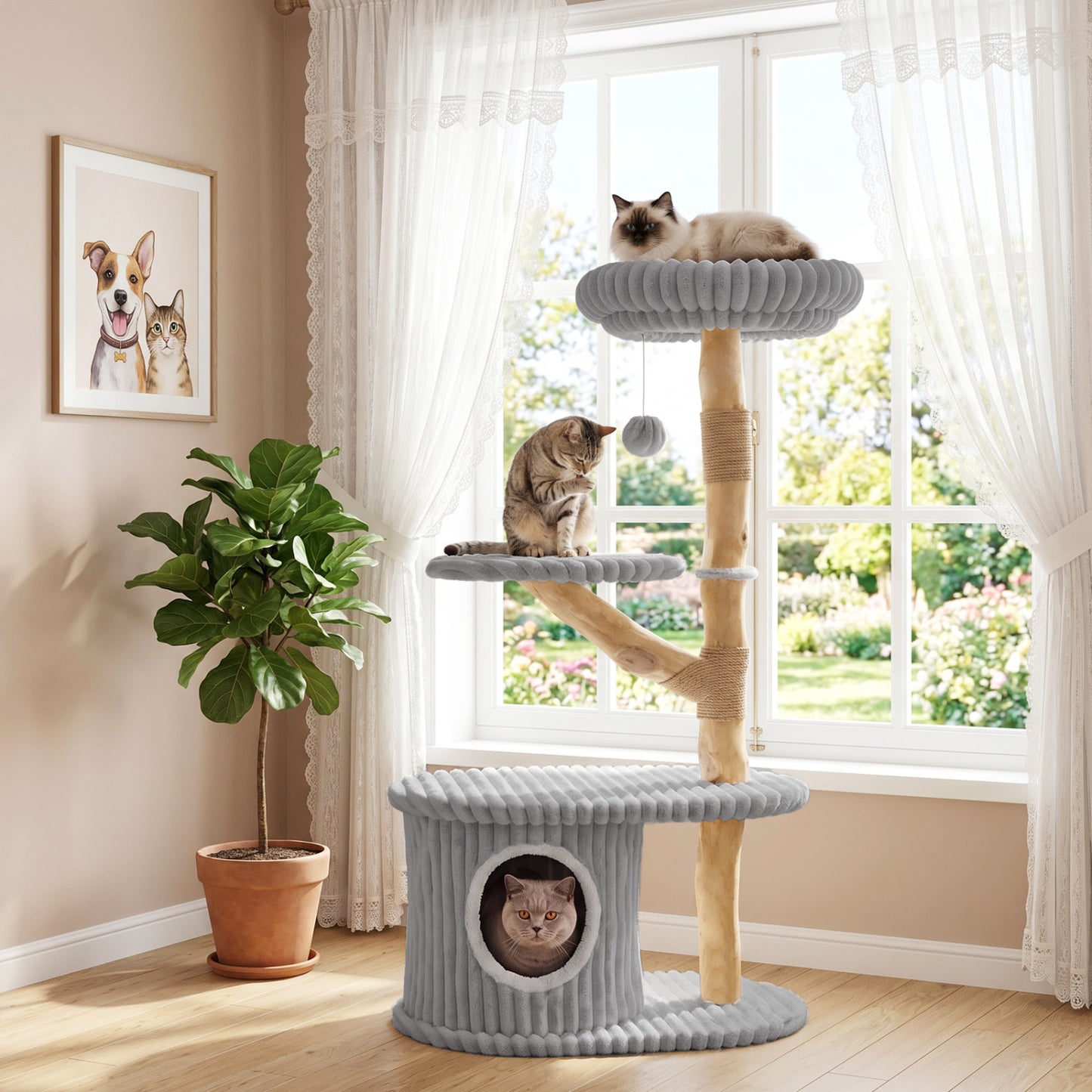 Tour de chat moderne, 41 pouces avec poteaux à gratter, gris