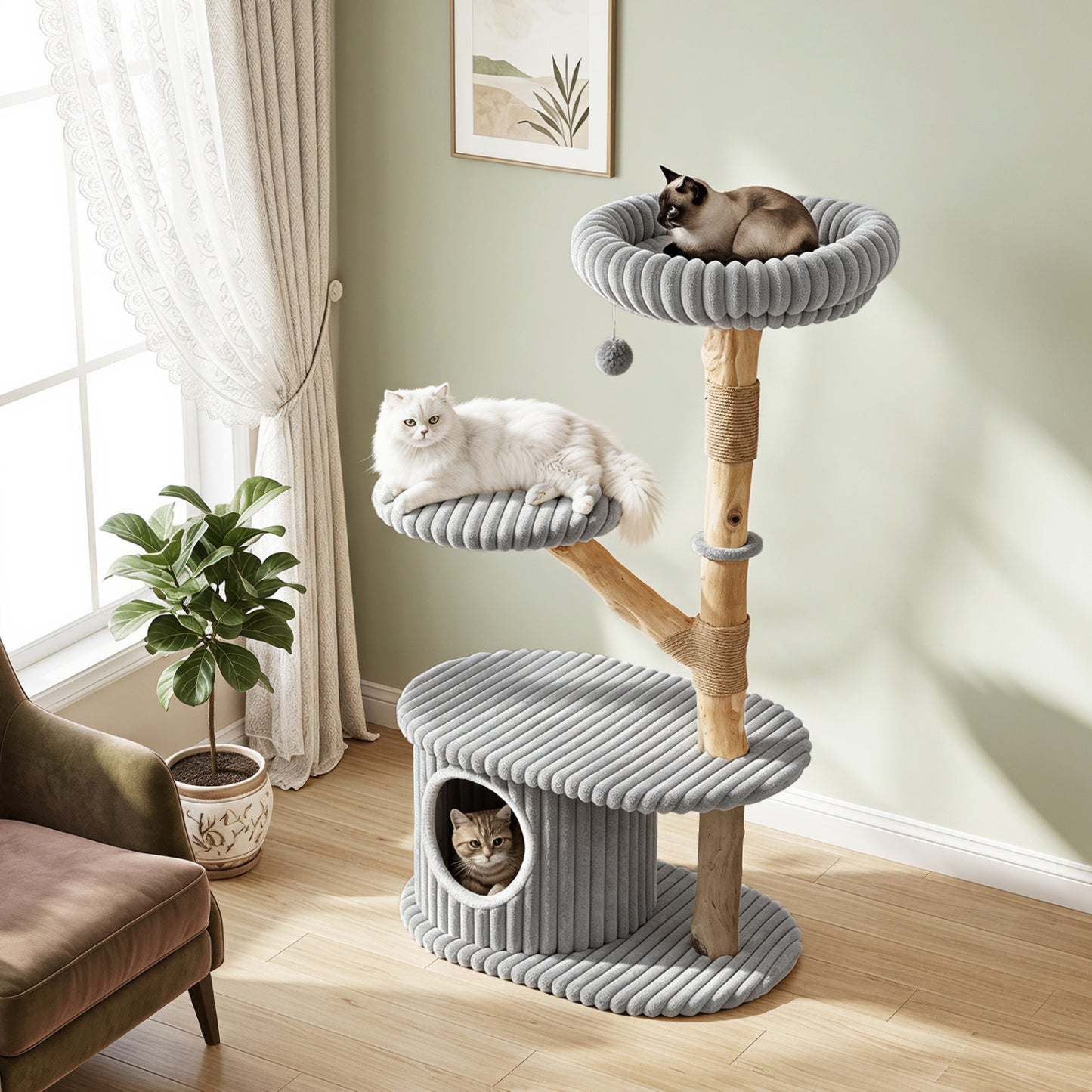 Tour de chat moderne, 41 pouces avec poteaux à gratter, gris