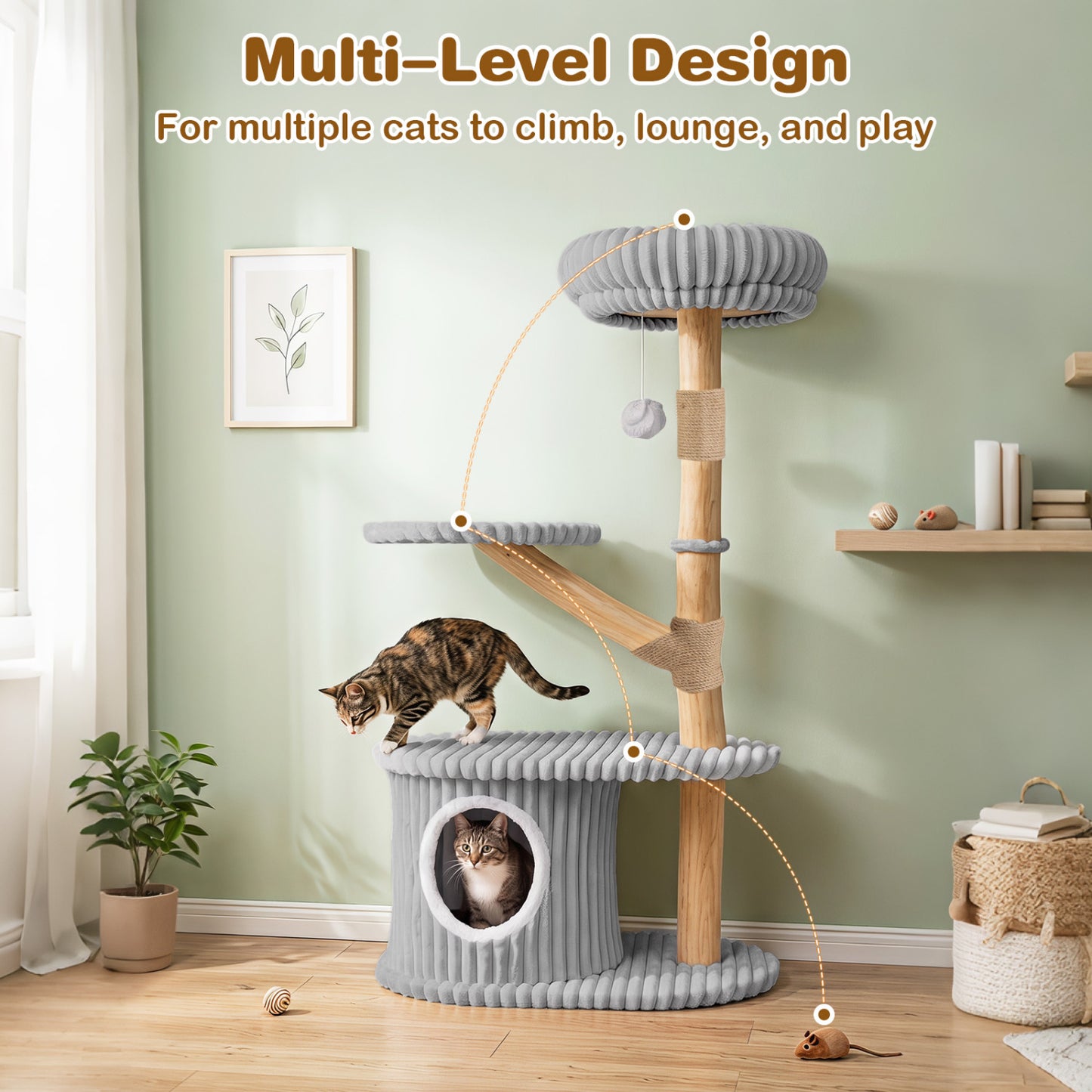 Tour de chat moderne, 41 pouces avec poteaux à gratter, gris