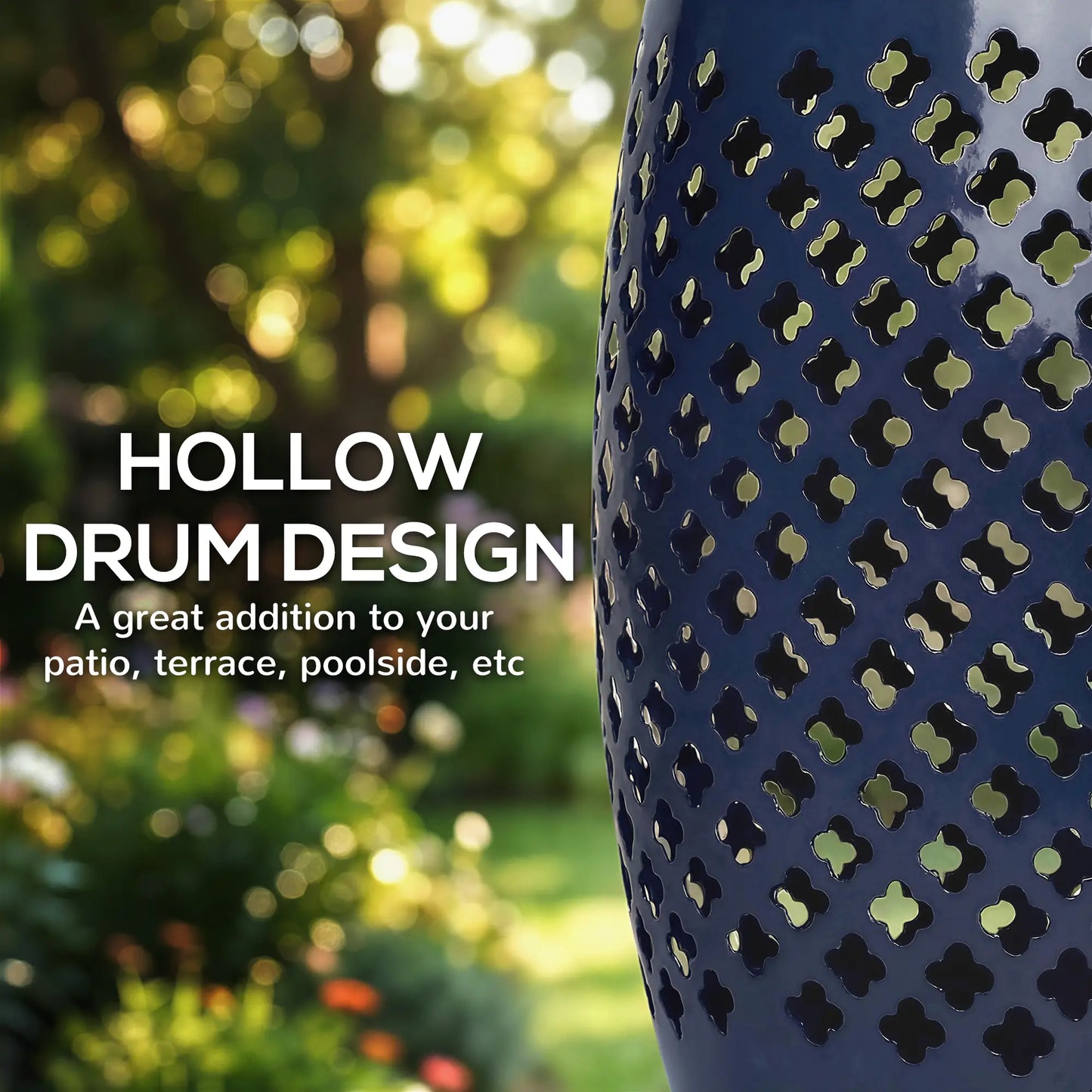 12" Steel Round Hollow Drum Side Table, Navy Blue Patio Side Tables at Gallery Canada