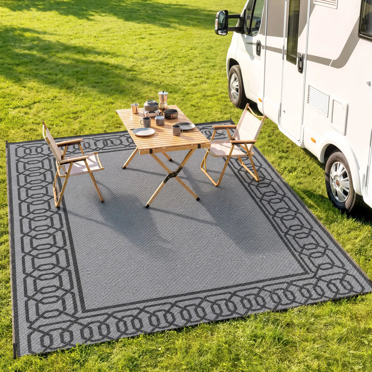 Portable Outdoor Rug, 9' x 12', Waterproof, Reversible, Black and Grey Outdoor Reversible Rugs at Gallery Canada