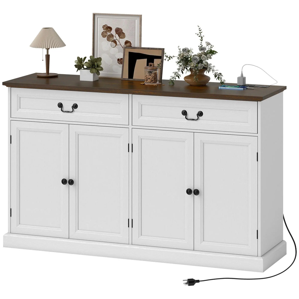 55" Buffet Cabinet, White Wood Grain, Charging Station, 2 Drawers, White Bar Cabinets White Wood Grain, Brown Wood Grain at Gallery Canada