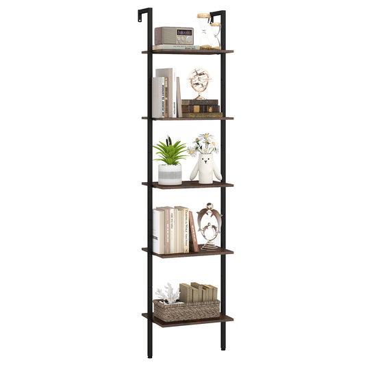 5 Tier Wall Mount Ladder Shelf, Anti-Tipping Kits, Rustic Brown