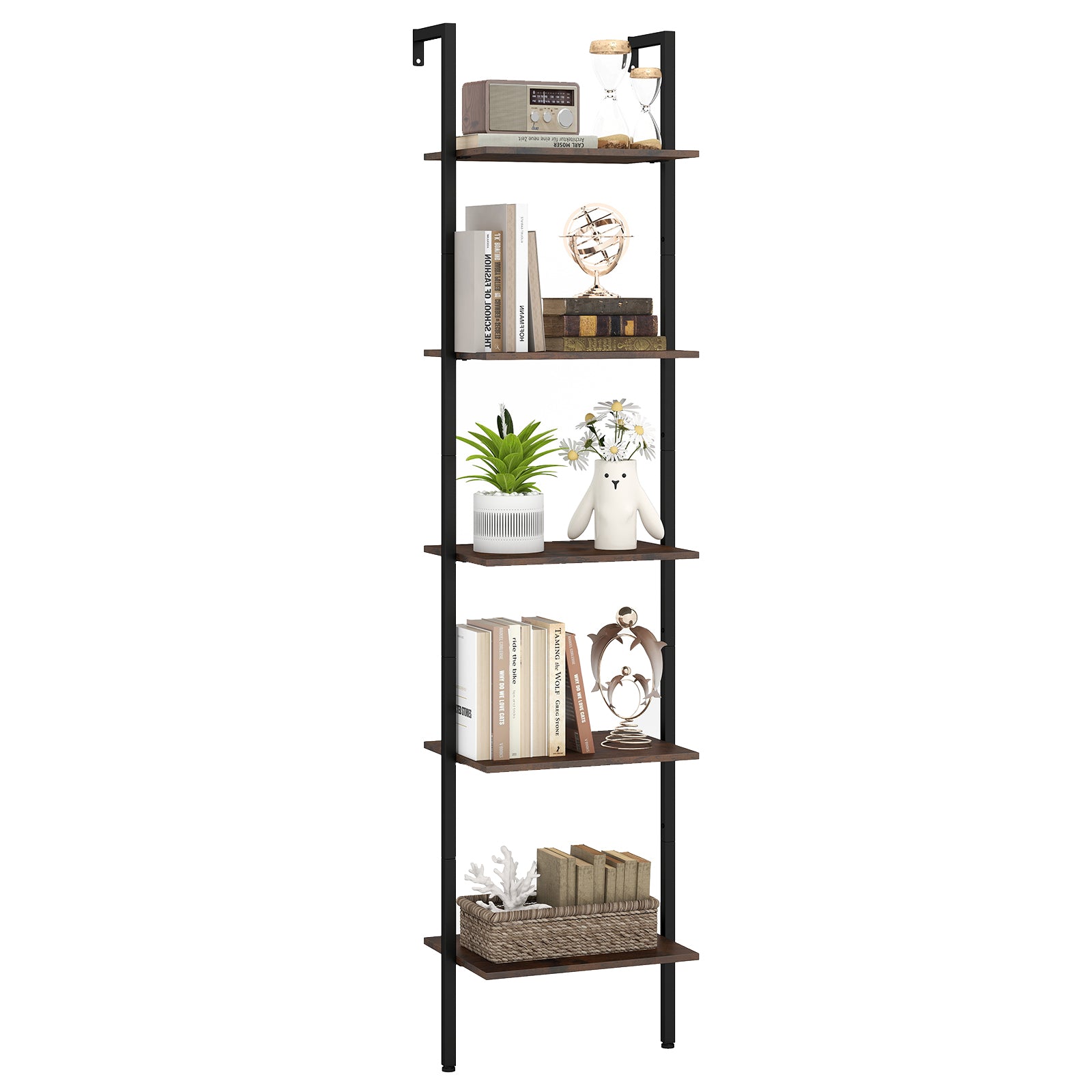 5 Tier Wall Mount Ladder Shelf with Anti-Tipping Kits for Home Office, Rustic Brown Bookcases at Gallery Canada
