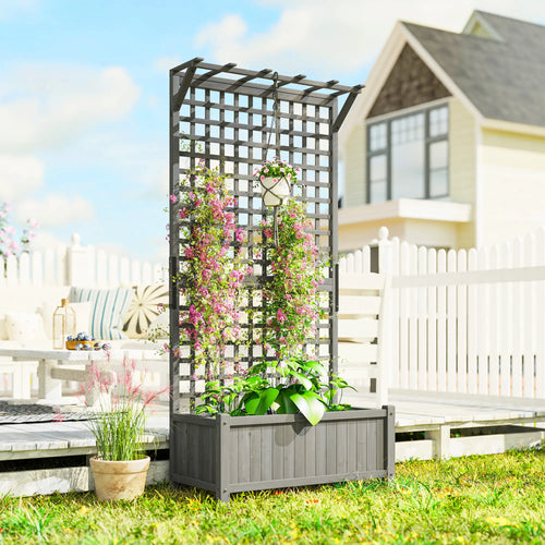 Wood Planter with Trellis, Raised Garden Bed, Privacy Screen, Dark Grey