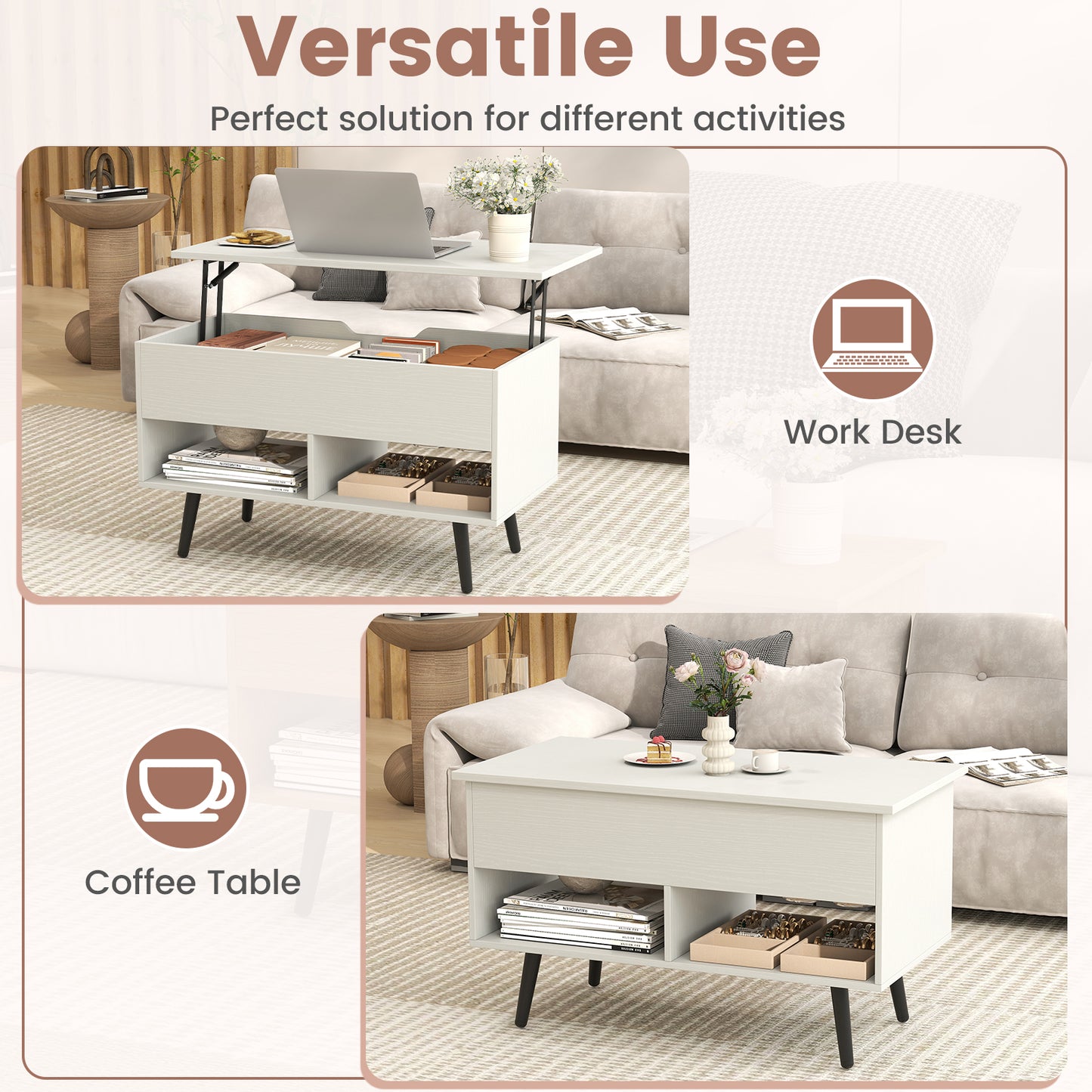 31.5 Inch Lift-Top Coffee Table, Hidden Storage, 2 Shelves, White Living Room at Gallery Canada