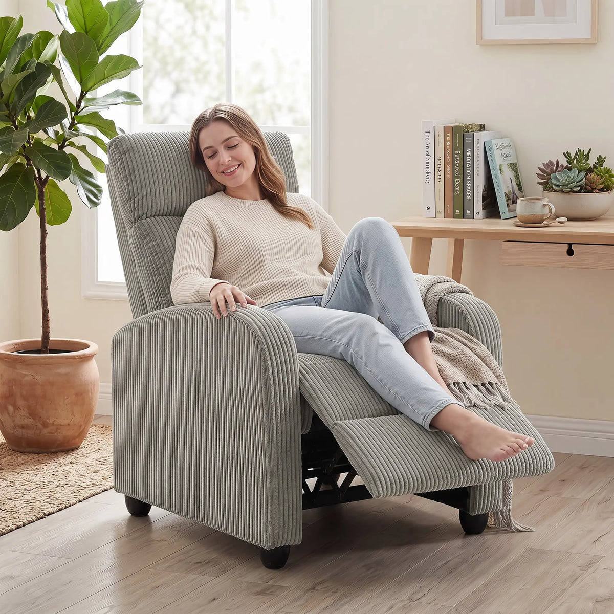Corduroy Push Back Recliner Chair with Padded Seat, Grey Single Sofas at Gallery Canada