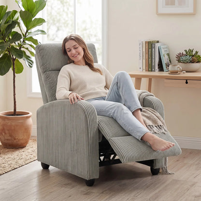 Corduroy Push Back Recliner Chair with Padded Seat, Grey Single Sofas at Gallery Canada