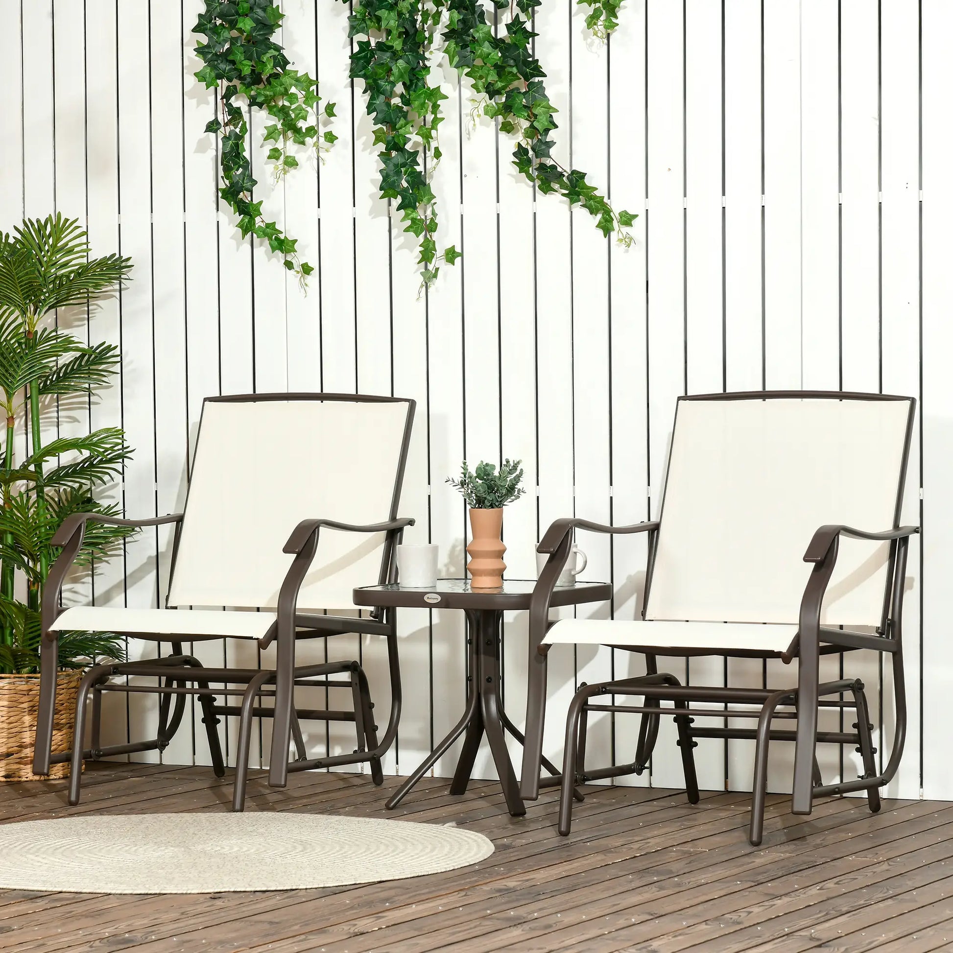 3 Piece Patio Glider Set, Breathable Mesh Seat, Glass Top Table, Cream White Outdoor Gliders at Gallery Canada