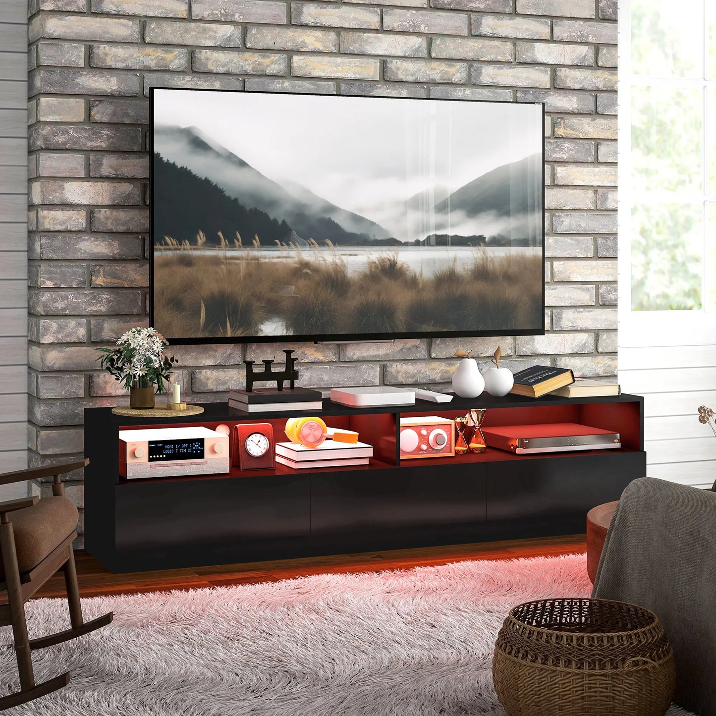 LED Lighted TV Stand for 75", Storage Drawers, High Gloss Black, Black TV Stands at Gallery Canada