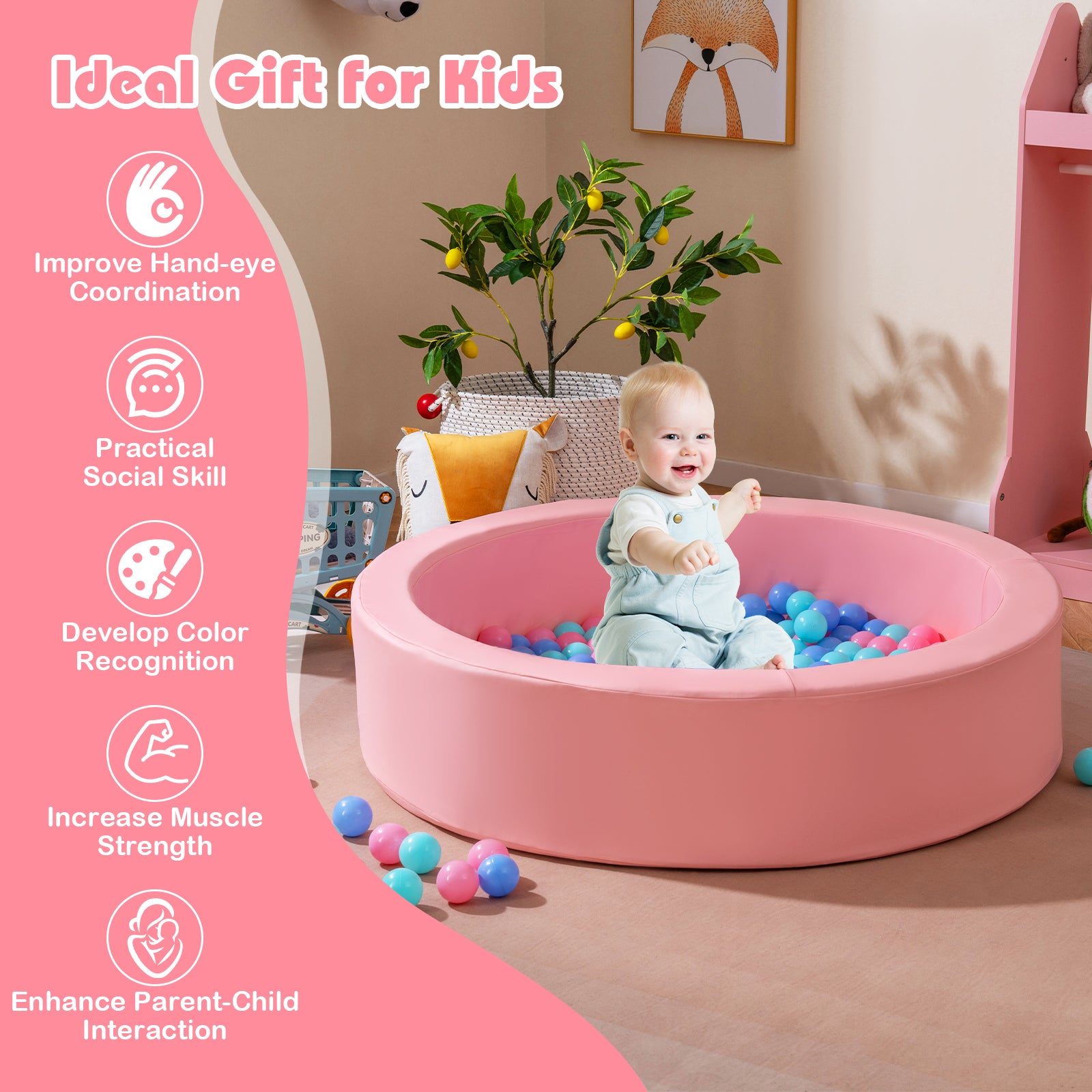 42.5 Inch Round Foam Ball Pits with 25D Sponge Filling and Washable PU Cover for Toddlers, Pink Climbers & Slides at Gallery Canada
