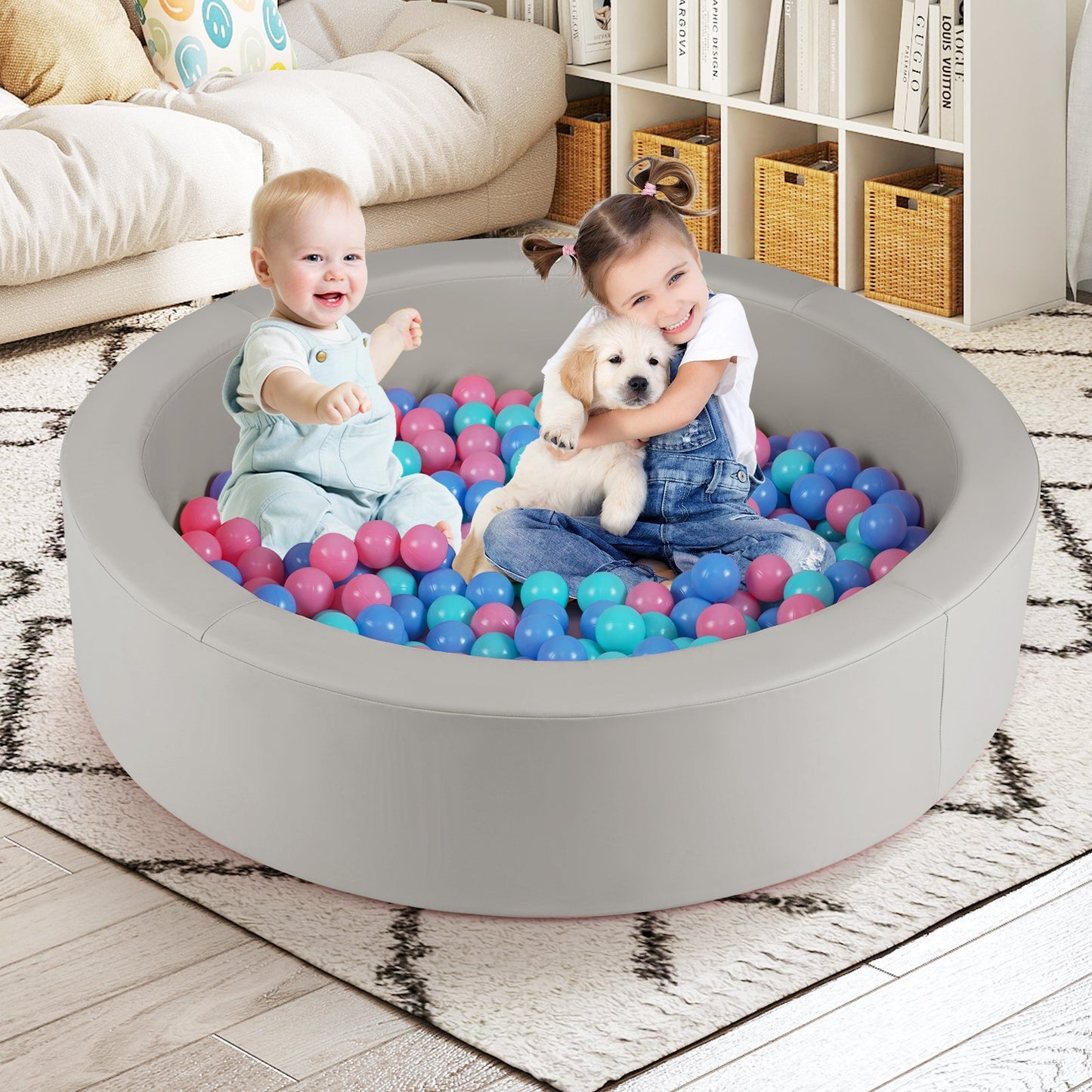 42.5 Inch Round Foam Ball Pits with 25D Sponge Filling and Washable PU Cover for Toddlers, Gray Climbers & Slides at Gallery Canada