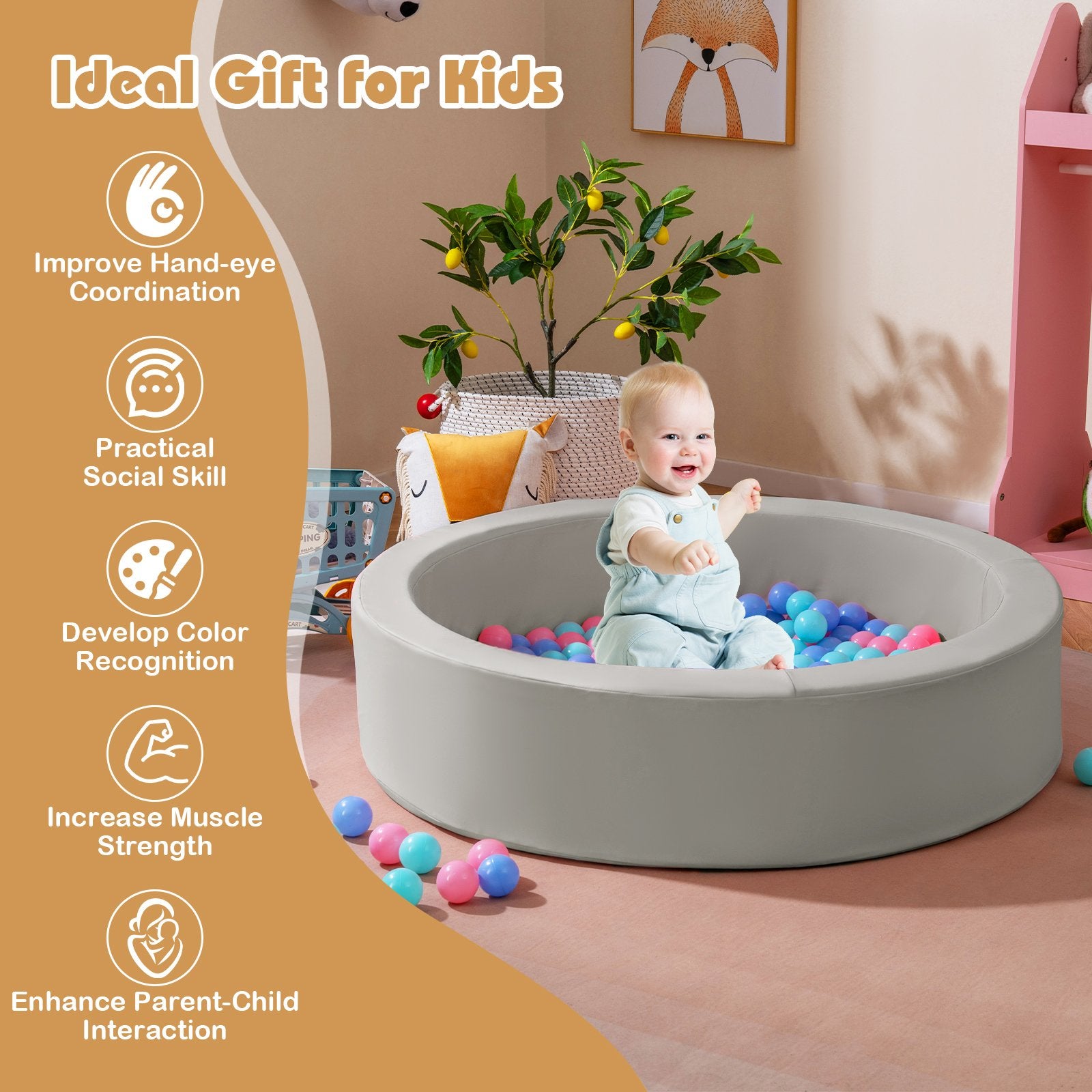 42.5 Inch Round Foam Ball Pits with 25D Sponge Filling and Washable PU Cover for Toddlers, Gray Climbers & Slides at Gallery Canada