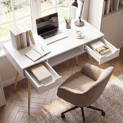 42.5" Mid Century Writing Desk, Metal Leg, Drawers, White Computer Desks at Gallery Canada