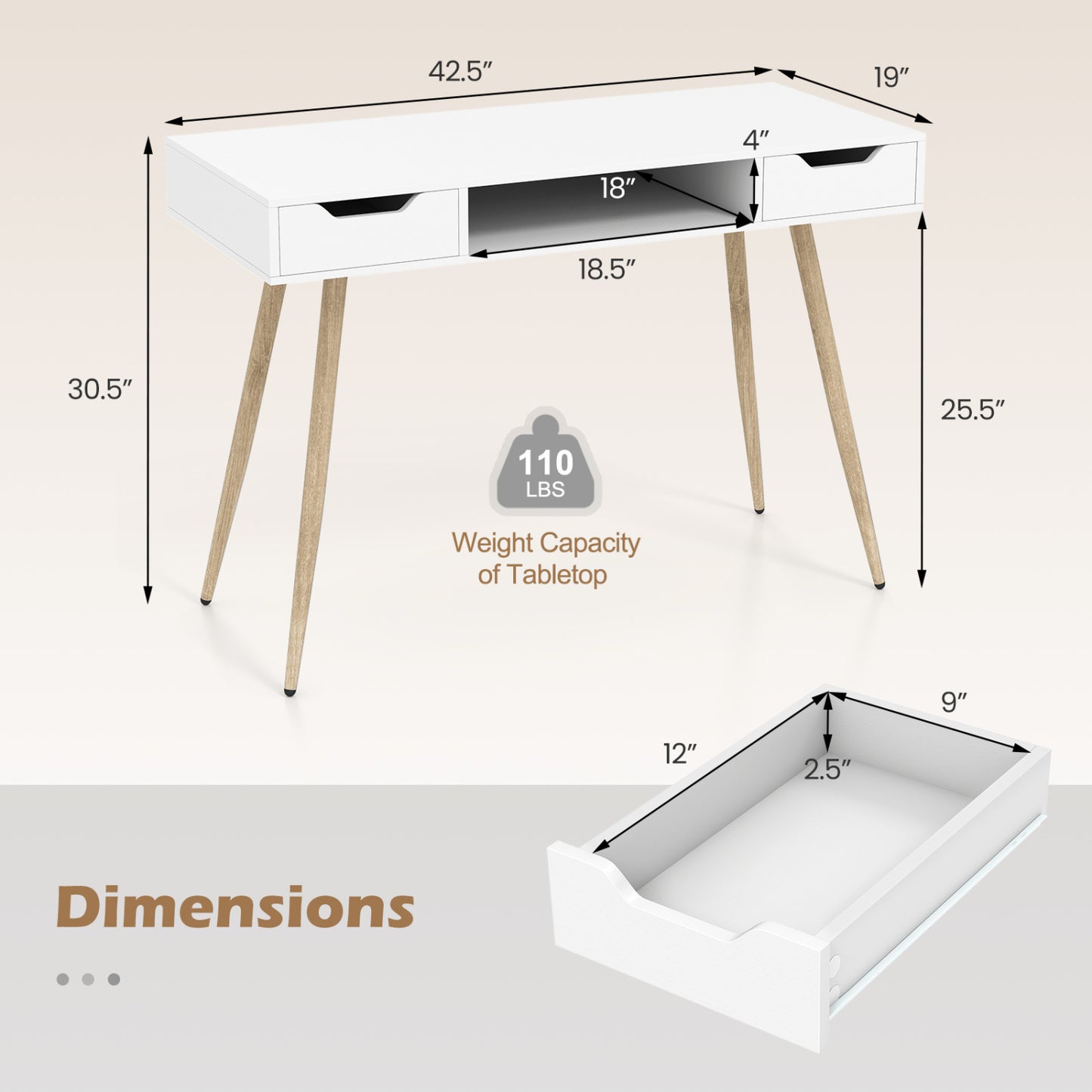 42.5" Mid Century Writing Desk, Metal Leg, Drawers, White Computer Desks at Gallery Canada