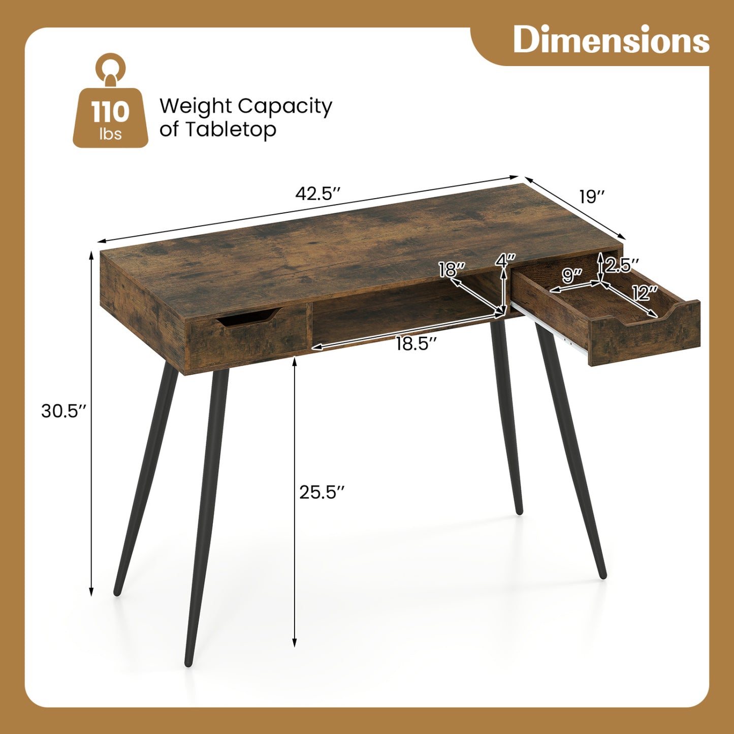 42.5" Mid Century Writing Desk, Metal Leg, Drawers, Rustic Brown Computer Desks at Gallery Canada