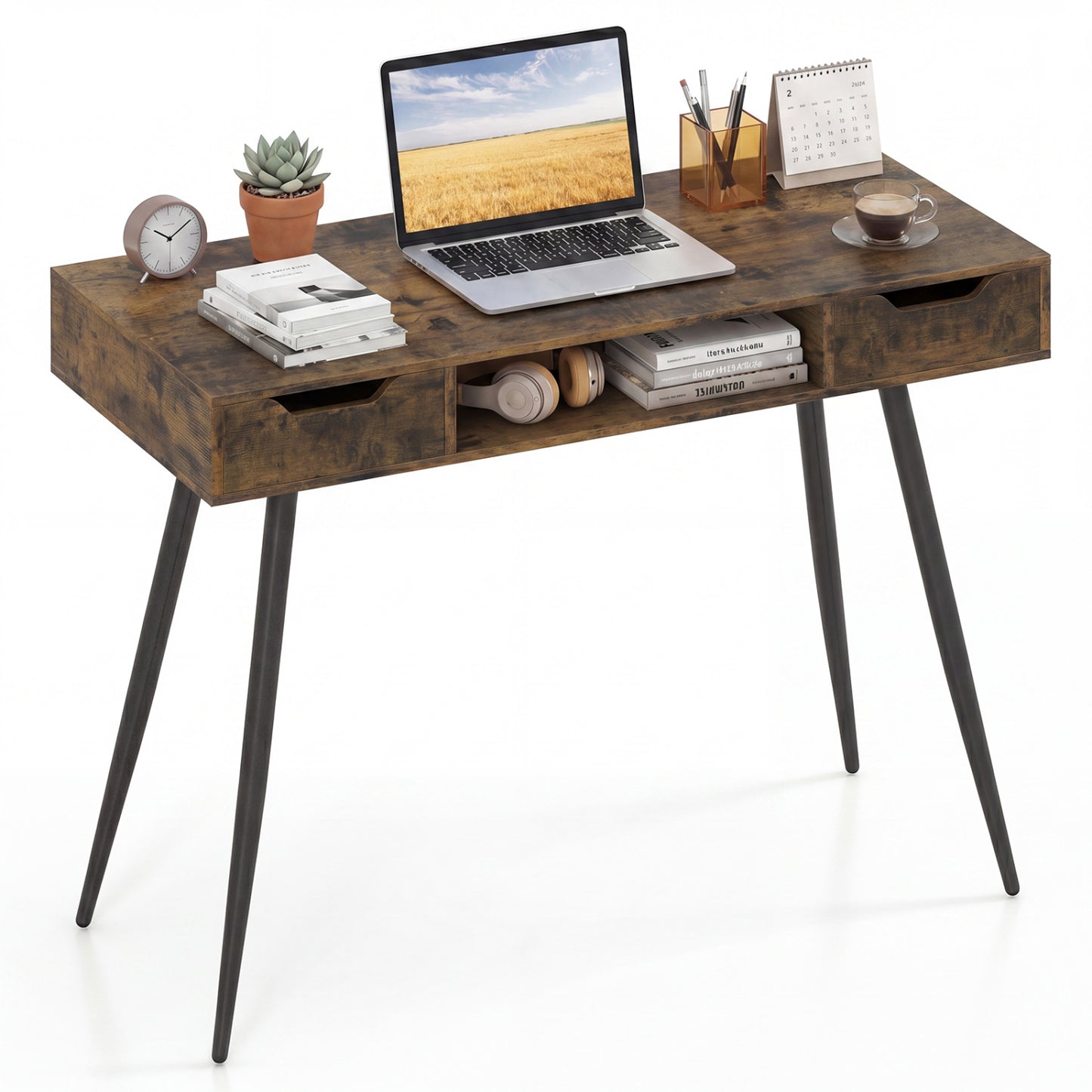 42.5" Mid Century Writing Desk, Metal Leg, Drawers, Rustic Brown Computer Desks Rustic Brown at Gallery Canada