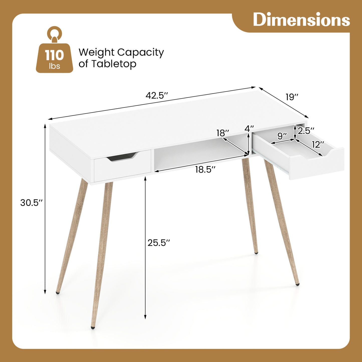42.5" Mid Century Writing Desk, Metal Leg, Drawers, White Computer Desks at Gallery Canada