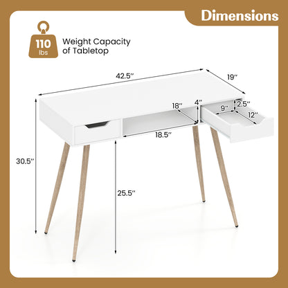 42.5" Mid Century Writing Desk, Metal Leg, Drawers, White Computer Desks at Gallery Canada