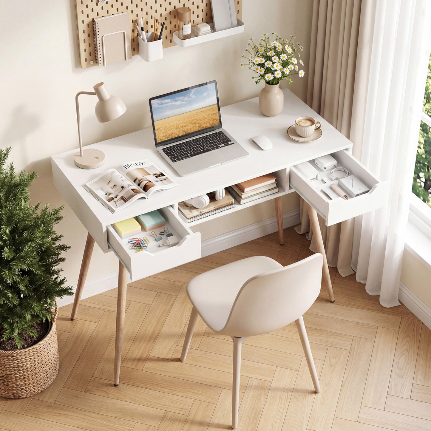 42.5" Mid Century Writing Desk, Metal Leg, Drawers, White Computer Desks at Gallery Canada