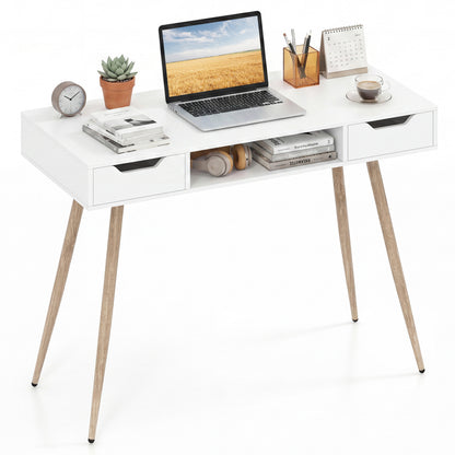 42.5" Mid Century Writing Desk, Metal Leg, Drawers, White Computer Desks White at Gallery Canada