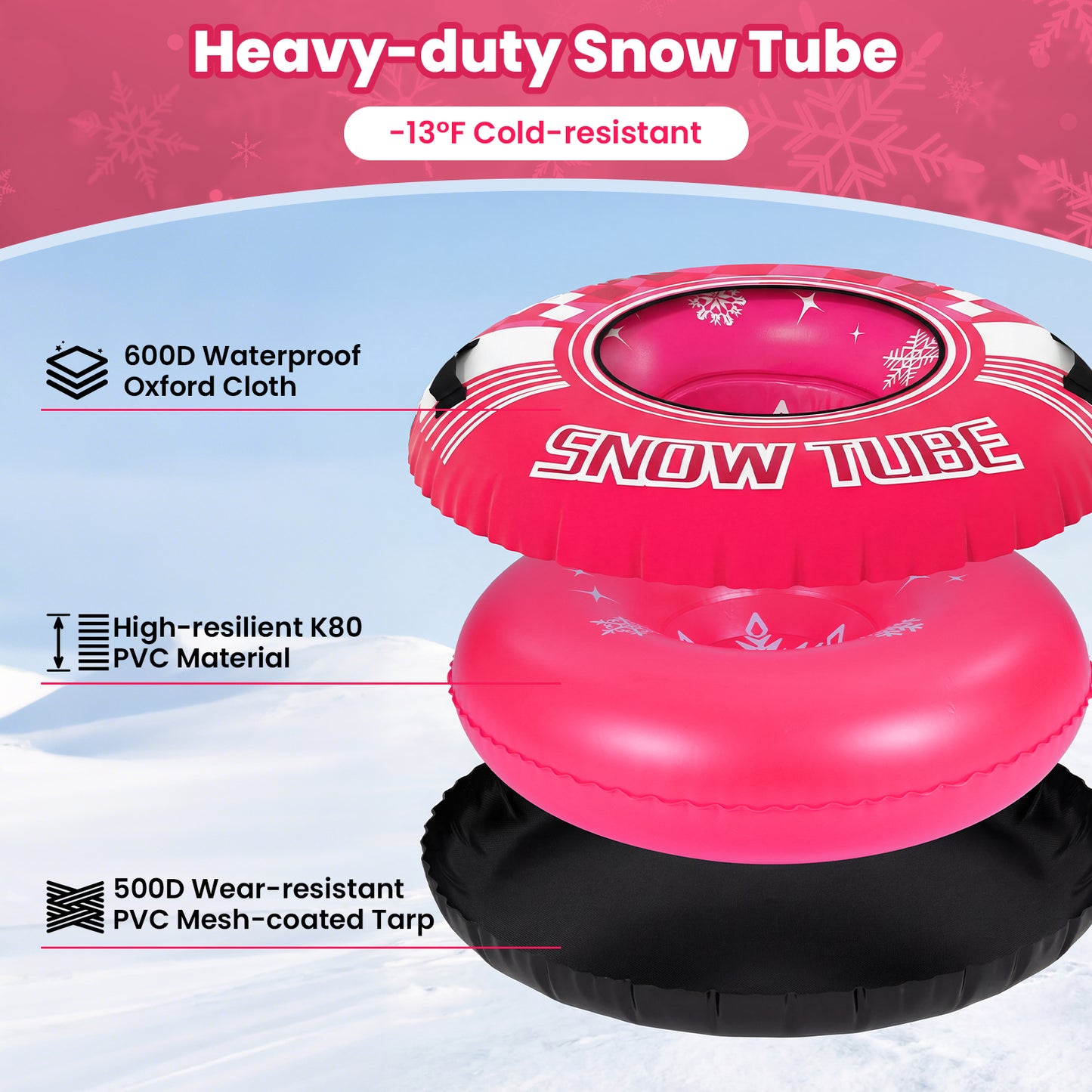 42" Heavy-duty Inflatable Snow Tube with Detachable Tow Strap, Pink Winter Sports & Activities at Gallery Canada
