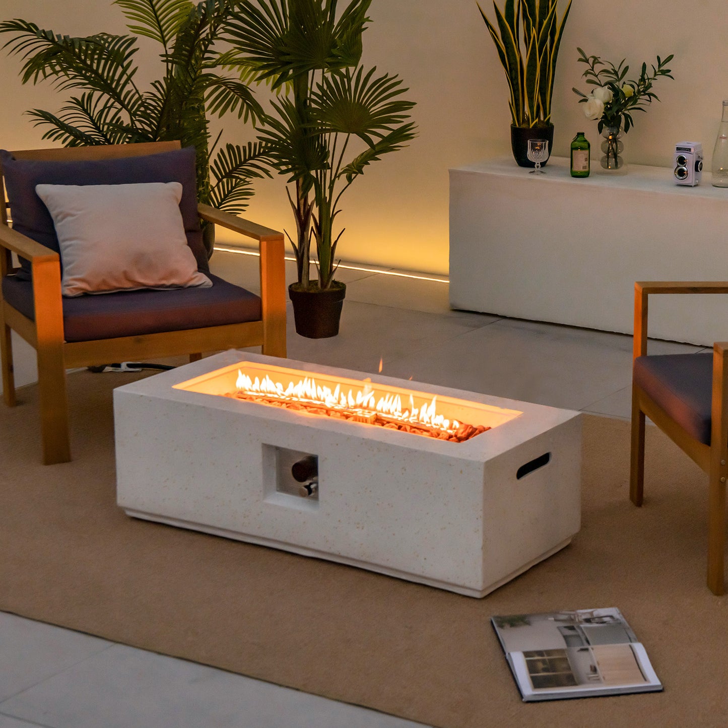 42 Inch 50 000 BTU Rectangle Terrazzo Fire Pit Table with PVC Cover, White Fire Pit Tables at Gallery Canada