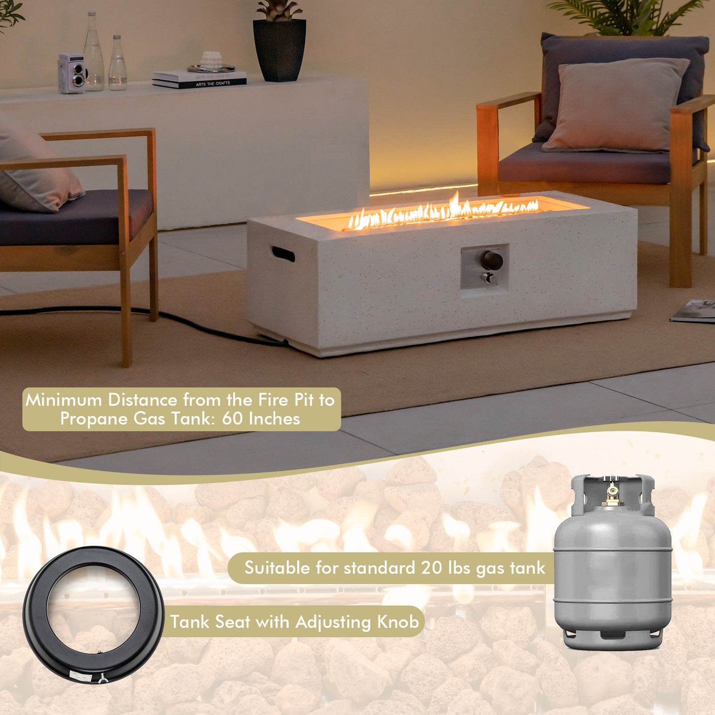 42 Inch 50 000 BTU Rectangle Terrazzo Fire Pit Table with PVC Cover, White Fire Pit Tables at Gallery Canada