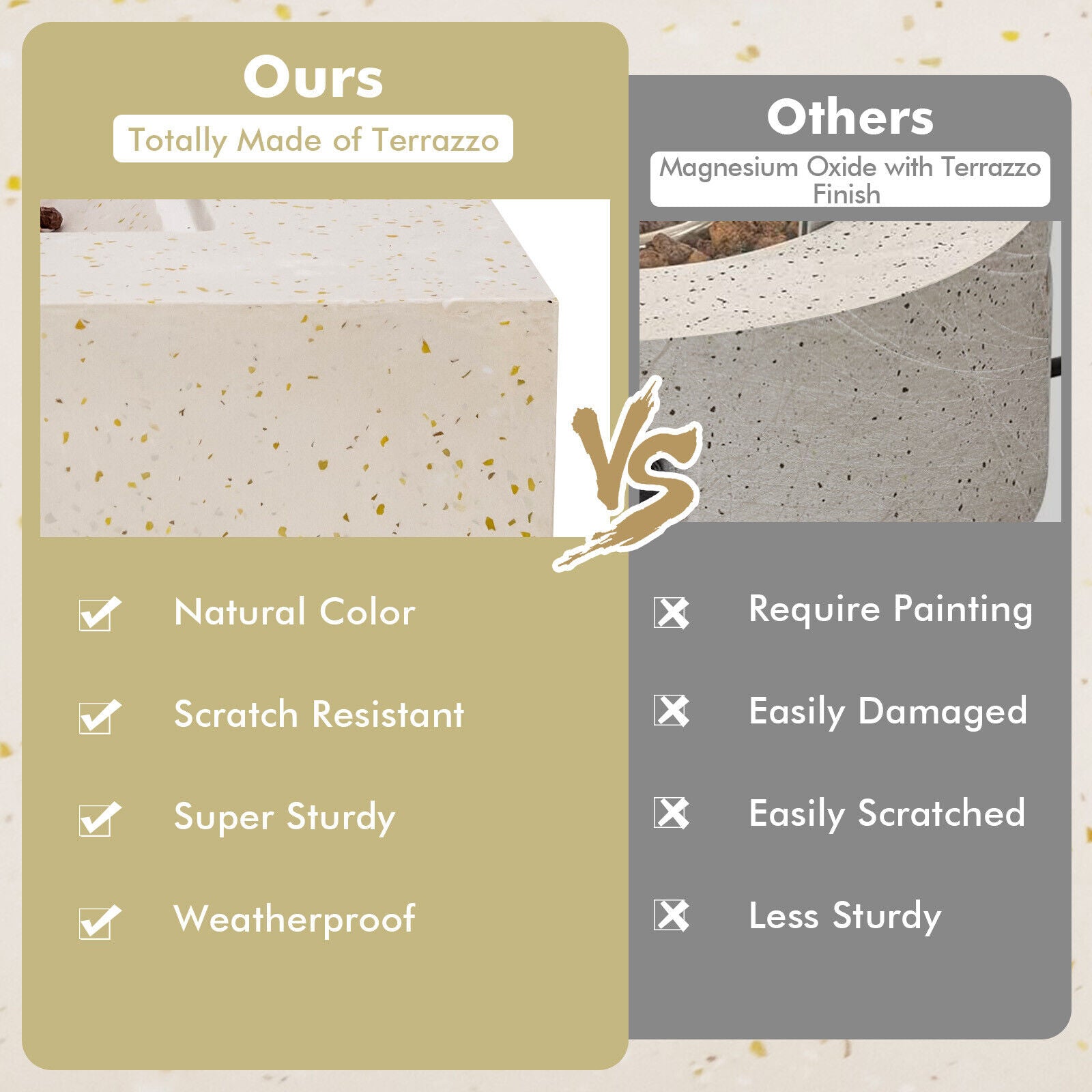 42 Inch 50 000 BTU Rectangle Terrazzo Fire Pit Table with PVC Cover, White Fire Pit Tables at Gallery Canada