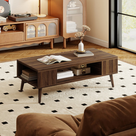 42 Inch Mid Century Modern Coffee Table Rectangular with Open Compartment, Walnut Coffee Tables Walnut at Gallery Canada