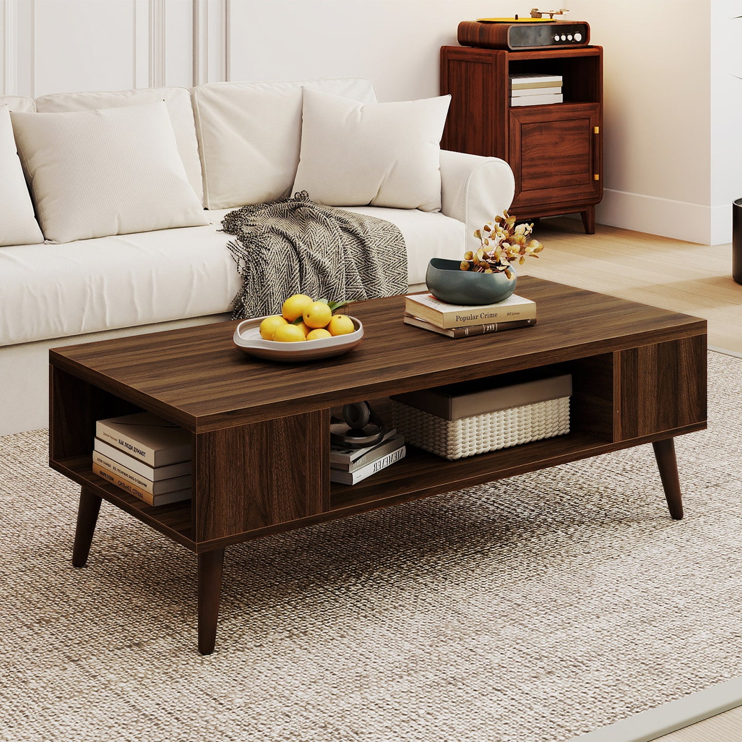 42 Inch Mid Century Modern Coffee Table Rectangular with Open Compartment, Walnut Coffee Tables at Gallery Canada