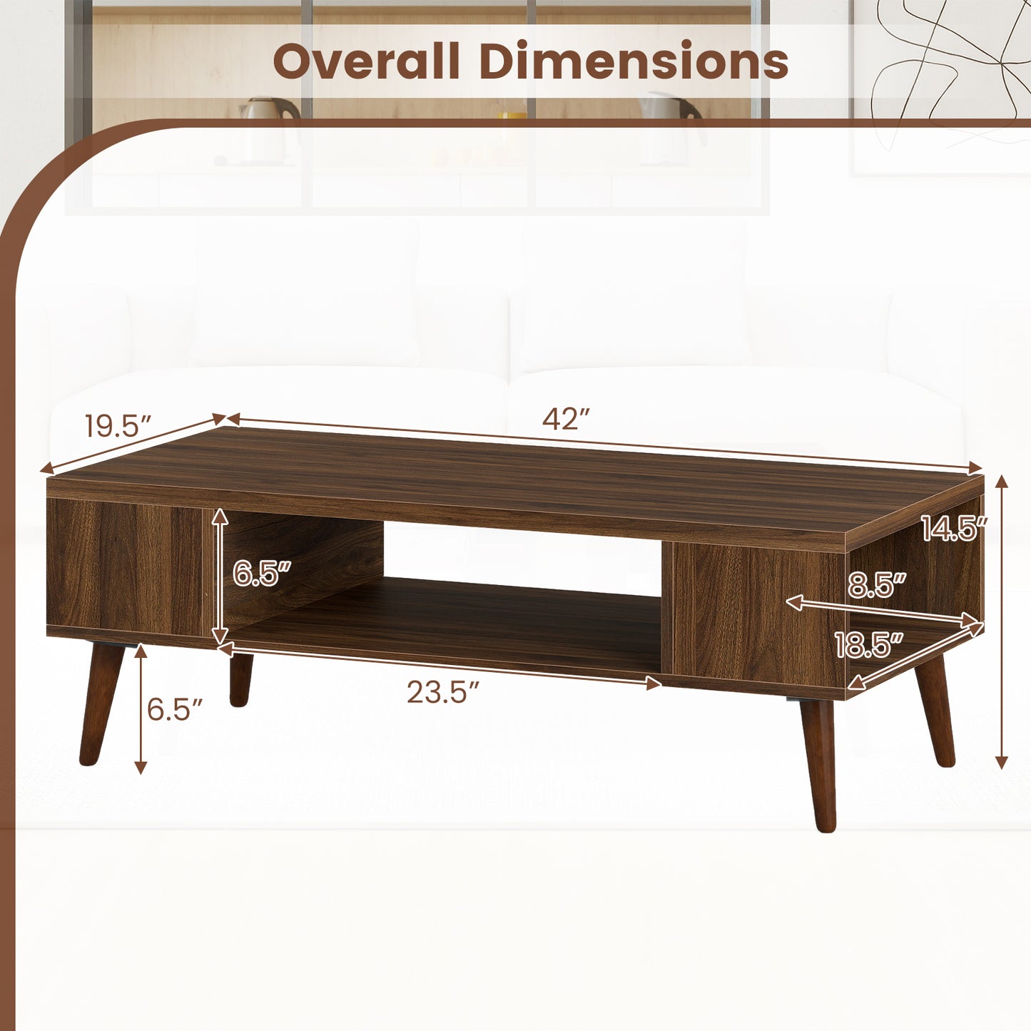 42 Inch Mid Century Modern Coffee Table Rectangular with Open Compartment, Walnut Coffee Tables at Gallery Canada