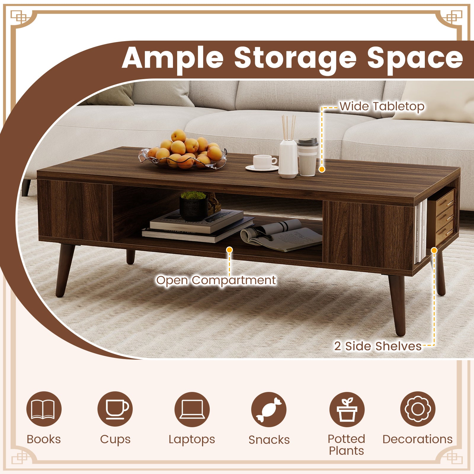42 Inch Mid Century Modern Coffee Table Rectangular with Open Compartment, Walnut Coffee Tables at Gallery Canada