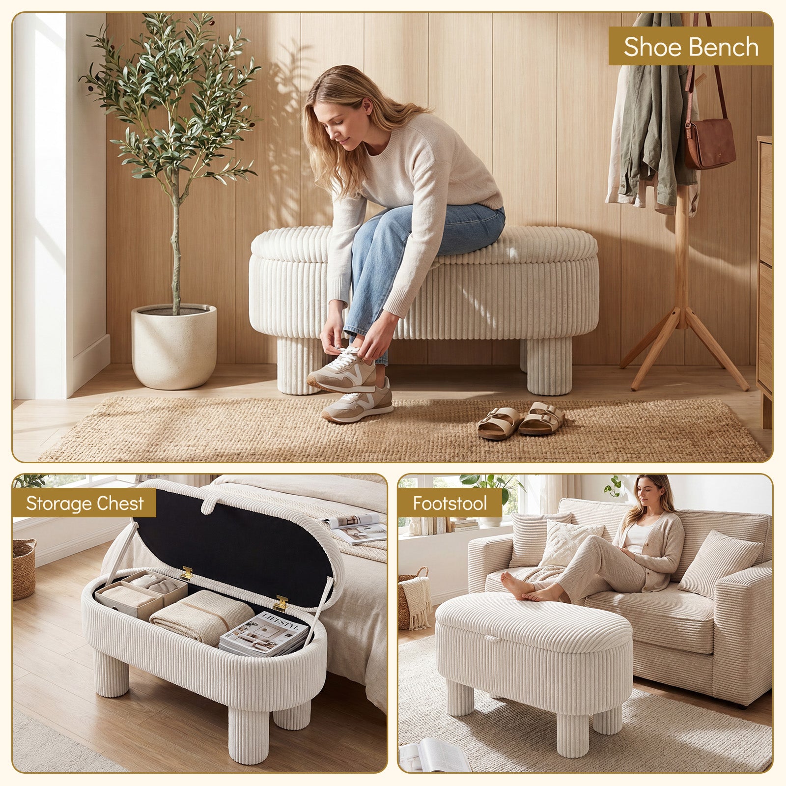 42 Inch Storage Ottoman Bench Corduroy, Beige Ottomans at Gallery Canada