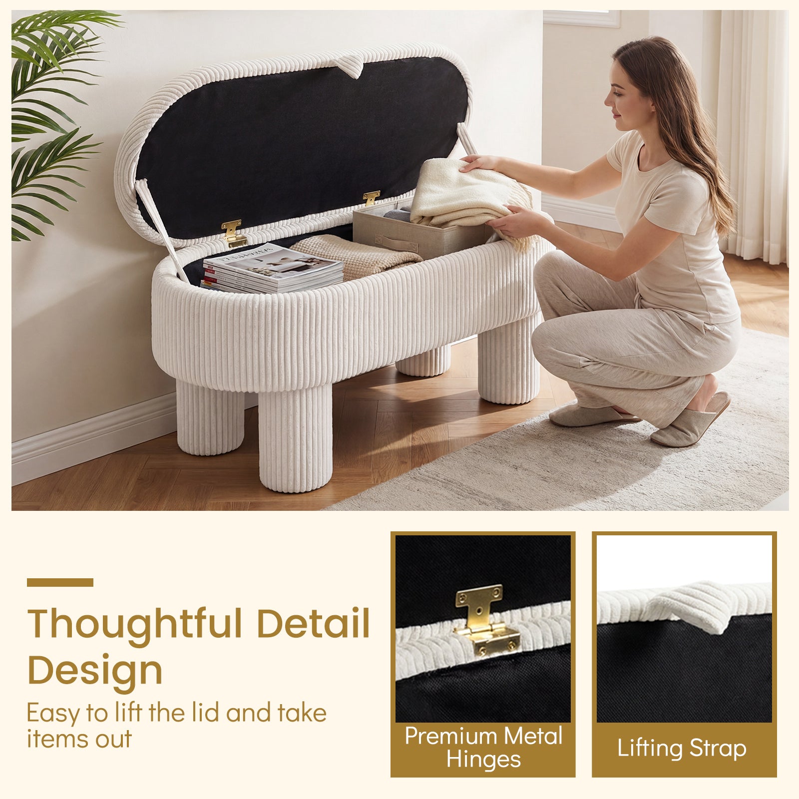 42 Inch Storage Ottoman Bench Corduroy, Beige Ottomans at Gallery Canada