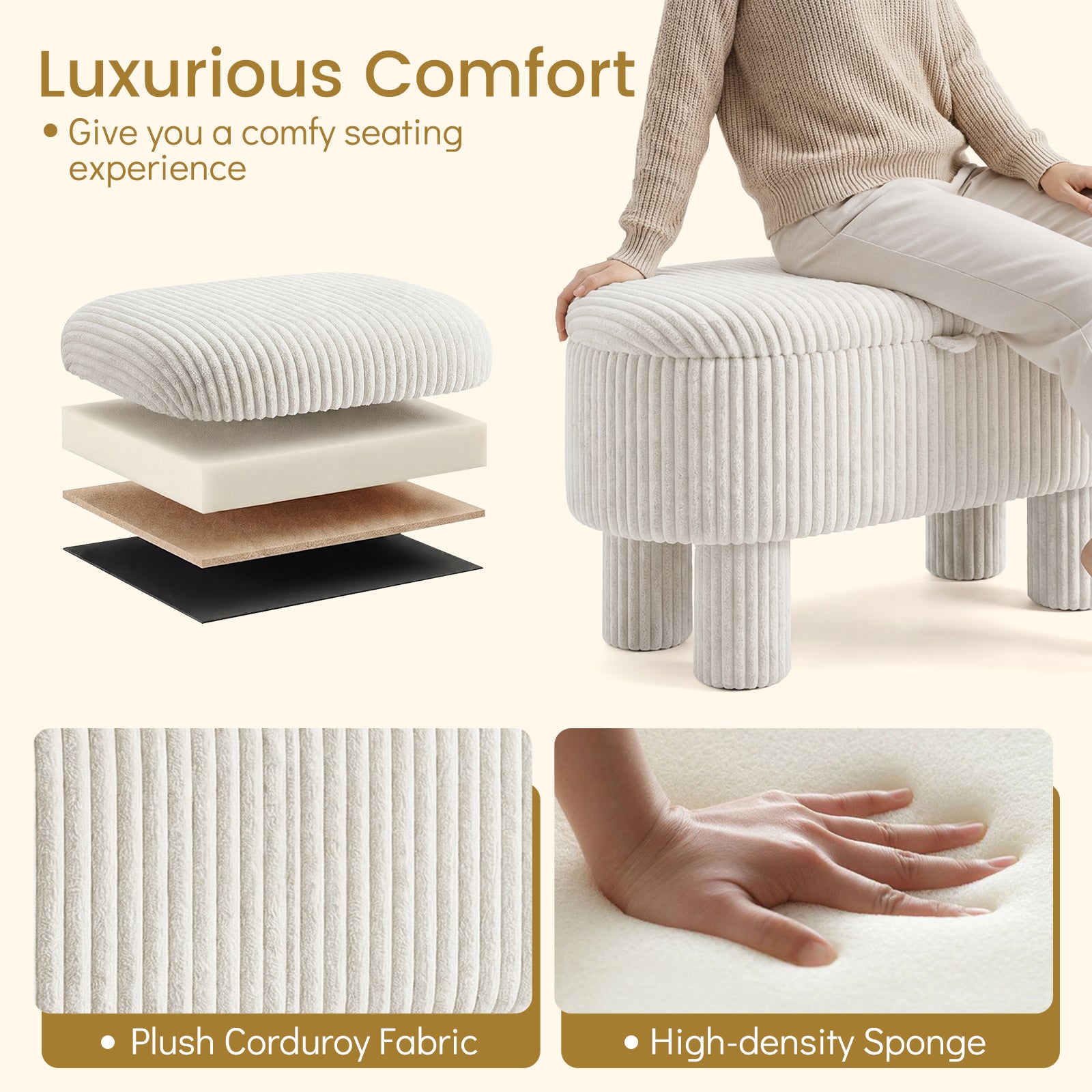 42 Inch Storage Ottoman Bench Corduroy, Beige Ottomans at Gallery Canada