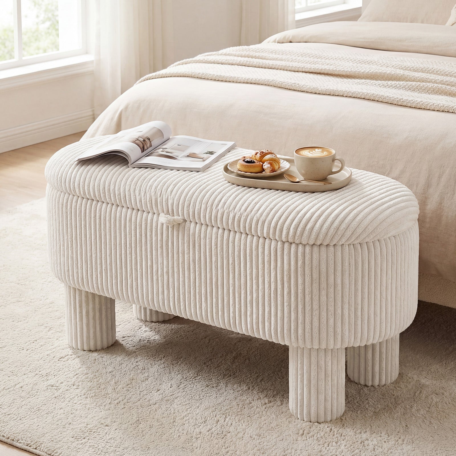 42 Inch Storage Ottoman Bench Corduroy, Beige Ottomans at Gallery Canada
