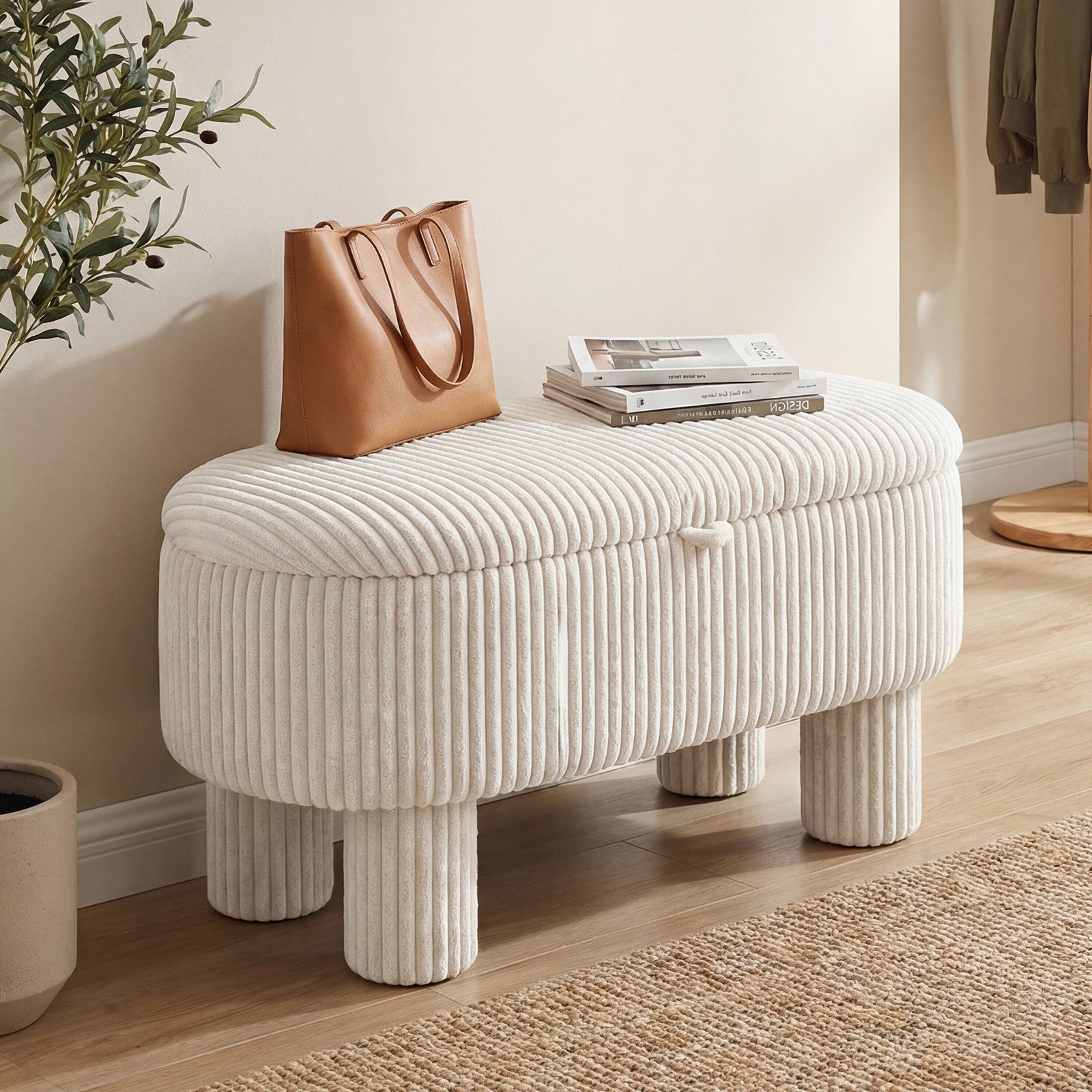 42 Inch Storage Ottoman Bench Corduroy, Beige Ottomans at Gallery Canada