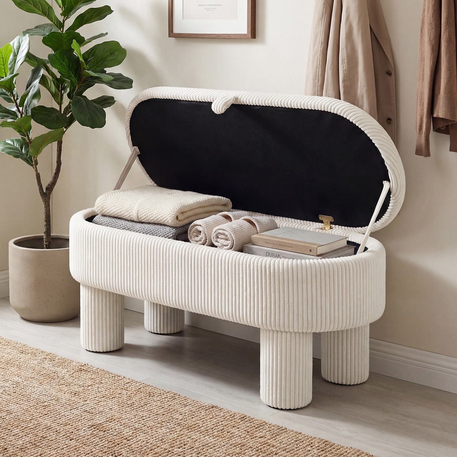 42 Inch Storage Ottoman Bench Corduroy, Beige Ottomans at Gallery Canada