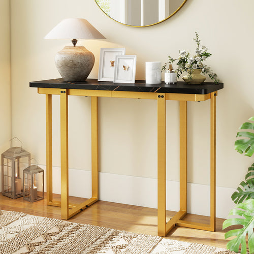 42 Inches Modern Faux Marble Entryway Table with Geometric Metal Frame, Black