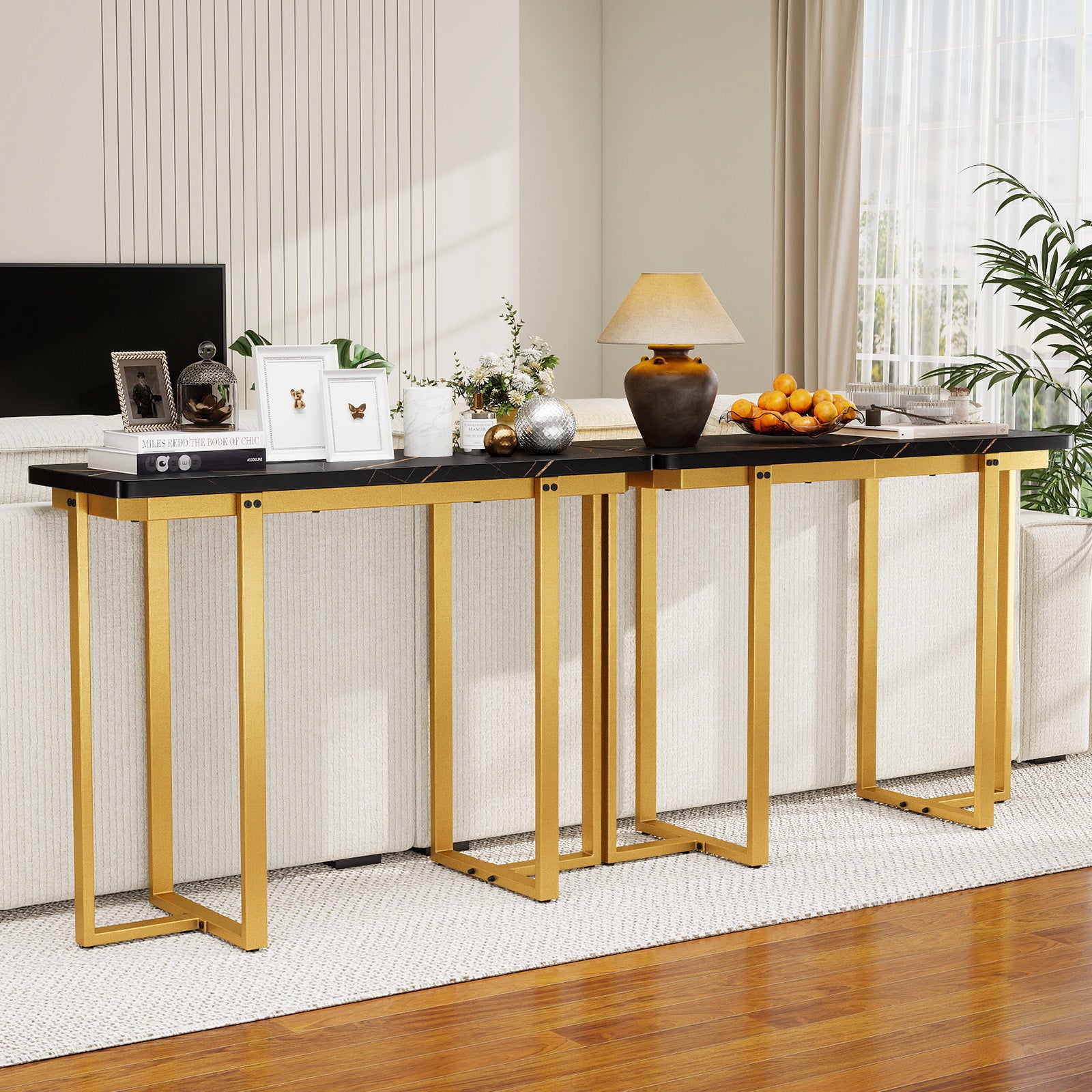 42 Inches Modern Faux Marble Entryway Table with Geometric Metal Frame, Black Console Tables at Gallery Canada