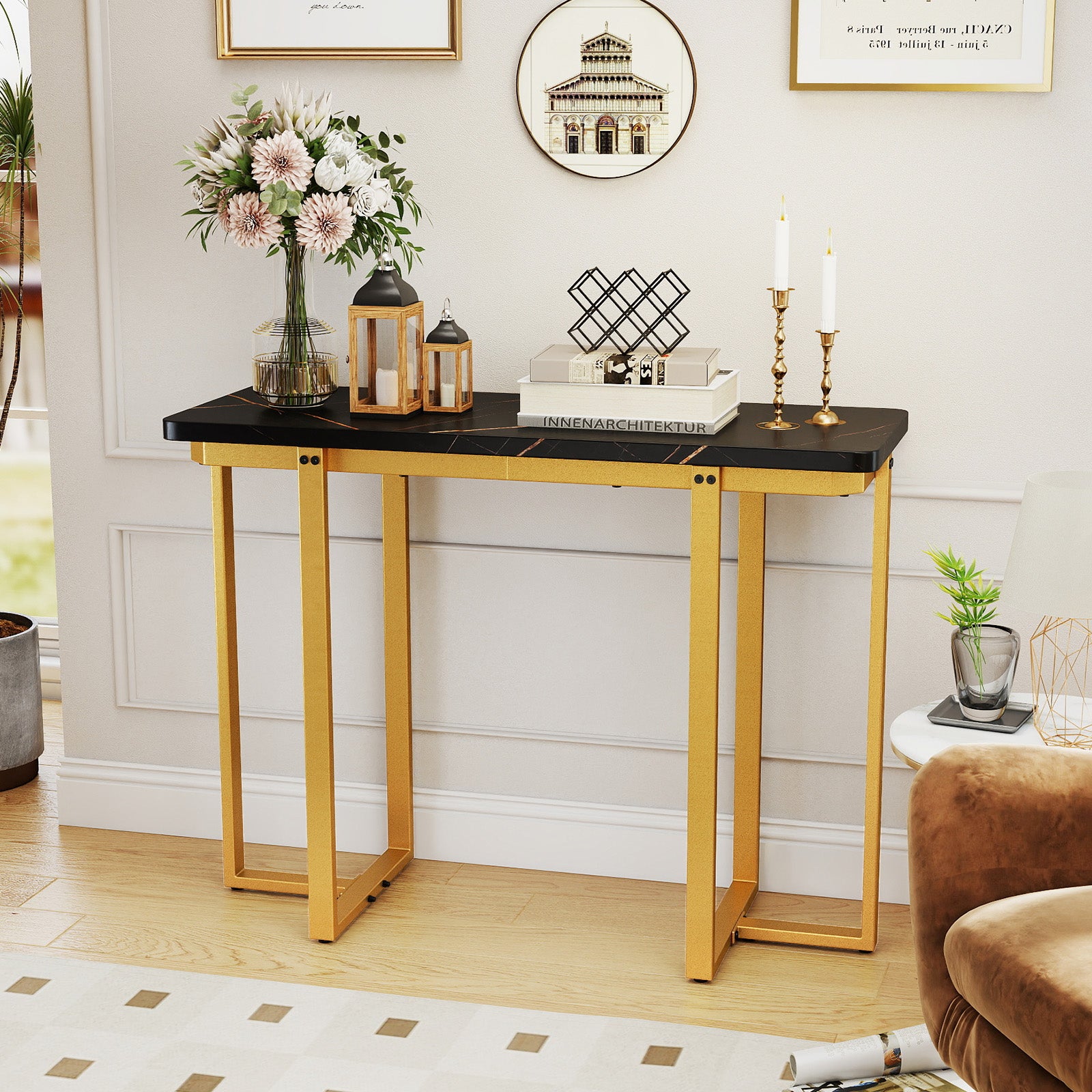 42 Inches Modern Faux Marble Entryway Table with Geometric Metal Frame, Black Console Tables at Gallery Canada