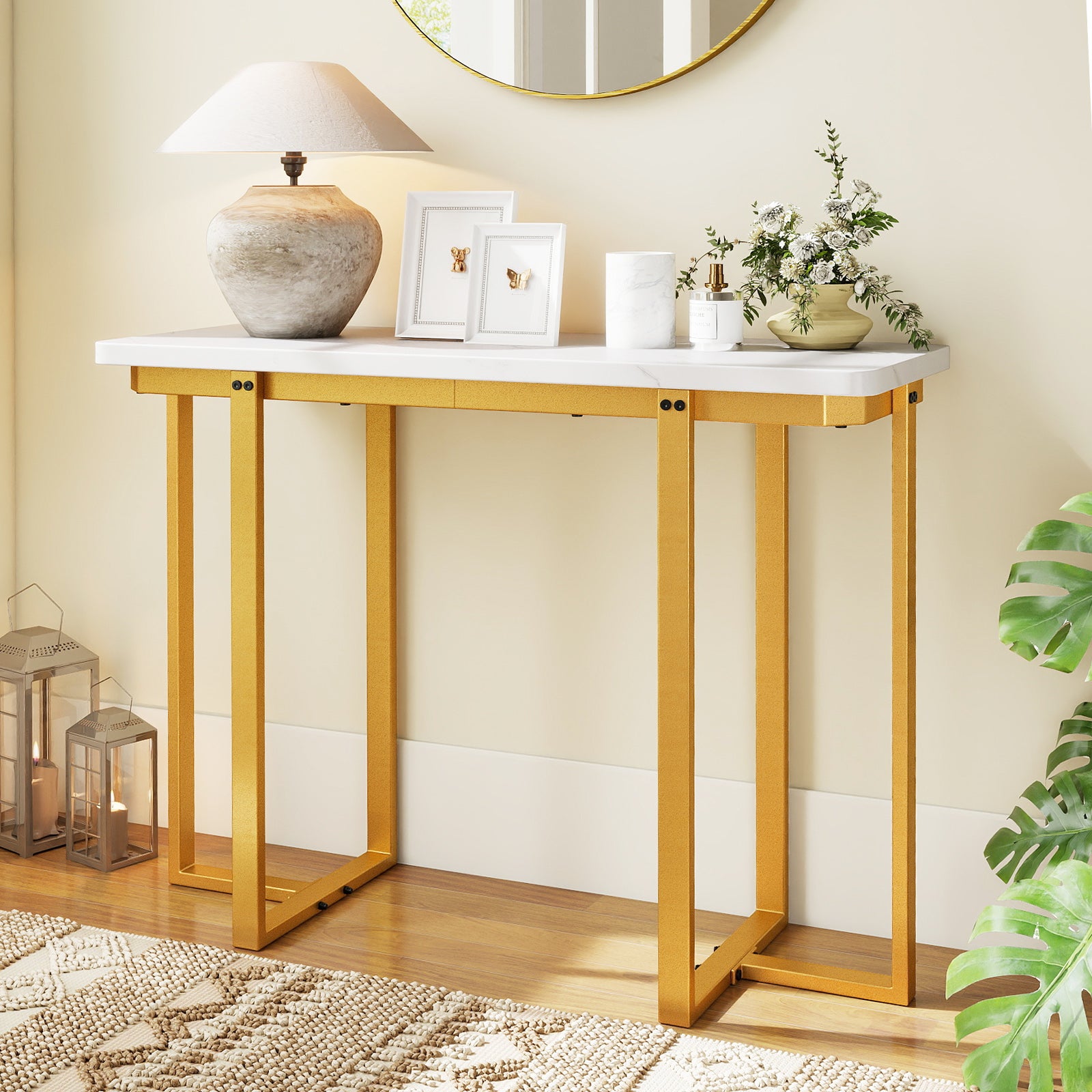 42 Inches Modern Faux Marble Entryway Table with Geometric Metal Frame, White Console Tables at Gallery Canada