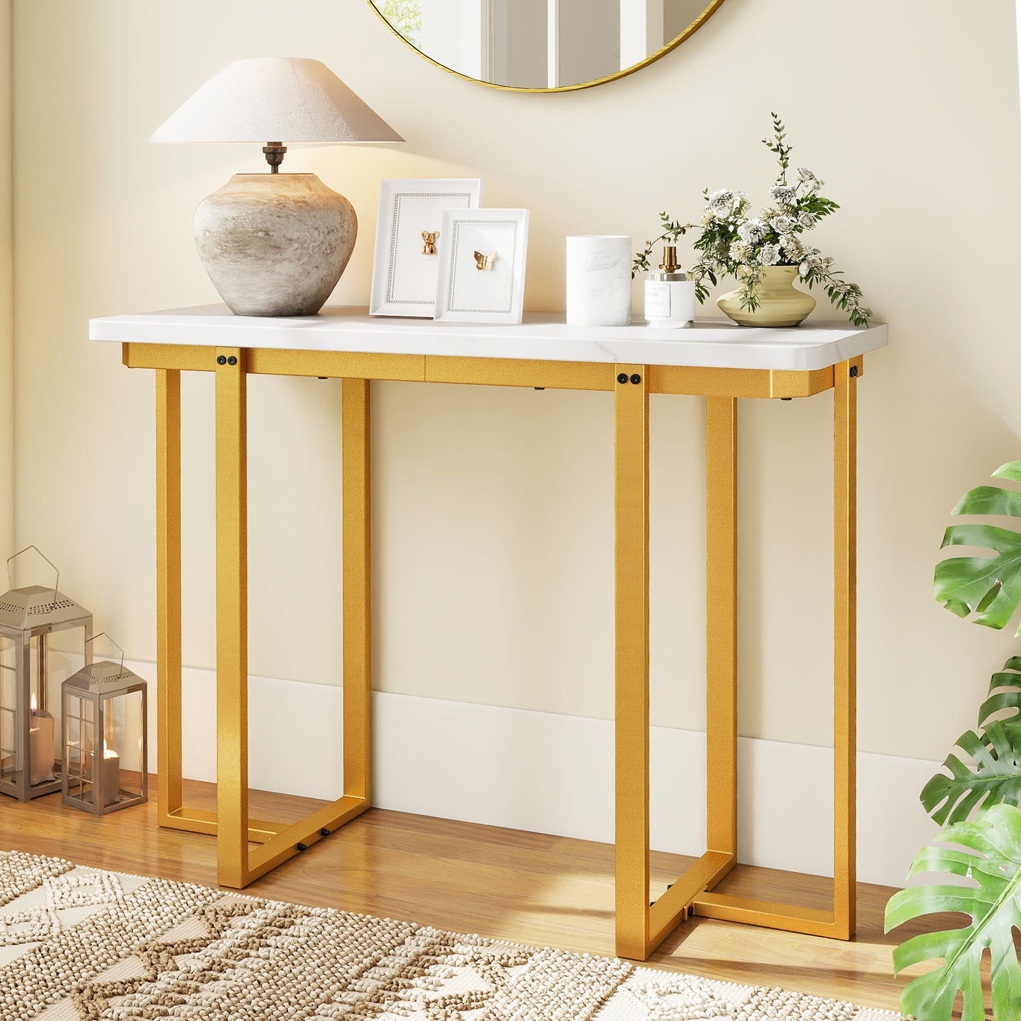42 Inches Modern Faux Marble Entryway Table with Geometric Metal Frame, White Console Tables at Gallery Canada