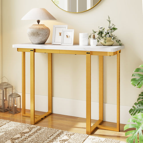 42 Inches Modern Faux Marble Entryway Table with Geometric Metal Frame, White