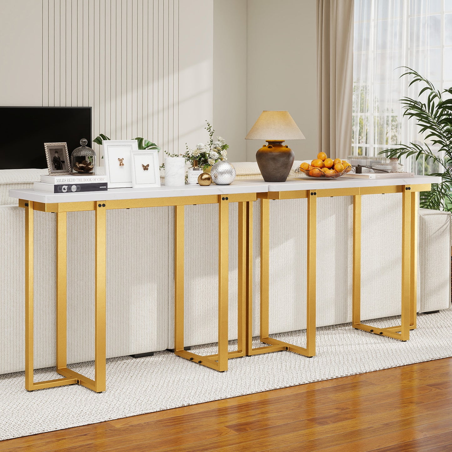 42 Inches Modern Faux Marble Entryway Table with Geometric Metal Frame, White Console Tables at Gallery Canada