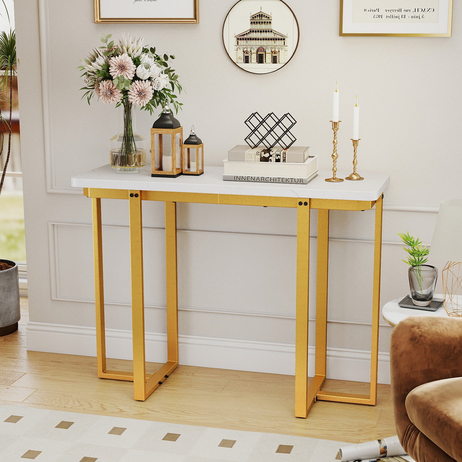 42 Inches Modern Faux Marble Entryway Table with Geometric Metal Frame, White Console Tables at Gallery Canada